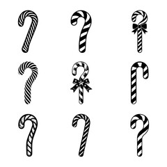 A festive collection set of candy cane designs in multiple striped styles representing Christmas treats, holiday sweets, and classic seasonal decoration.