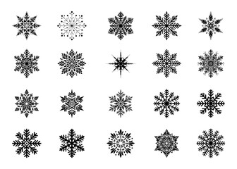 A detailed set of decorative snowflakes in a variety of intricate styles representing winter beauty, seasonal themes, holiday design and frosty festive patterns.