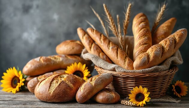 Fresh artisan bread loaves, baguettes in woven basket with sunflowers, wheat stalks. Rustic table setting displays golden baked goods, offering warmth, natural bounty from kitchen. Delicious meal