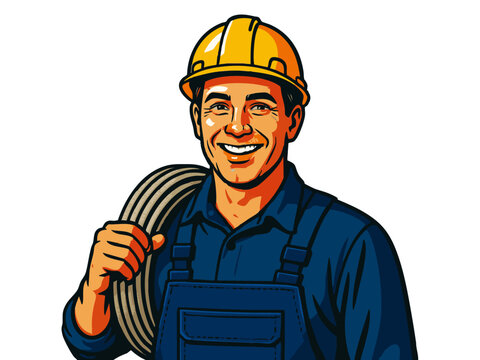 happy male construction worker in overalls and hard hat, carrying coiled cable ideal for trade and labor themes. Generative ai vector colorful pop art illustration.