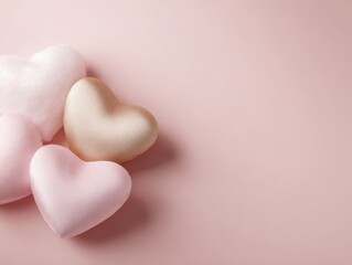 Obraz premium Valentine concept with elegant heart-shaped props, top view, pastel tones, premium look, soft diffused glow, ample space for text, brand-safe, no logos