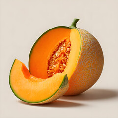 Juicy cantaloupe melon with a slice showing vibrant orange flesh and seeds