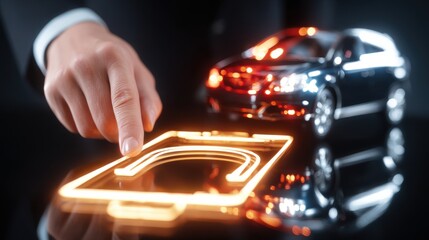 Hand interacting with projected car interface hologram