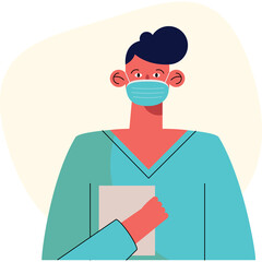 Healthcare Professional Wearing a Protective Face Mask and Holding a Document in a Light Yellow Circular Background with a Hint of Pink Skin Tone and Dark Blue Hair