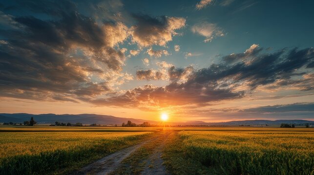 Golden summer sunrise illuminating vast green fields with rolling hills and clear sky in peaceful countryside landscape - Powered by Adobe