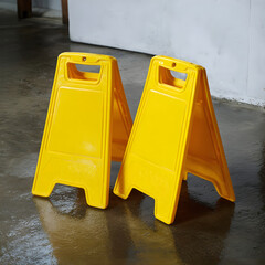 Two bright yellow wet floor caution signs standing on a wet floor
