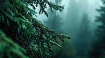 Close-up of misty forest boughs