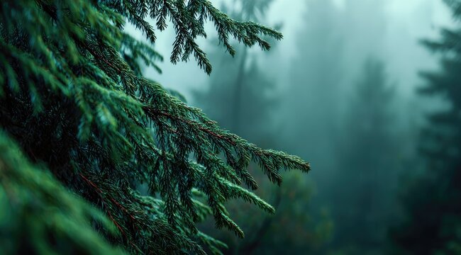 Close-up of misty forest boughs