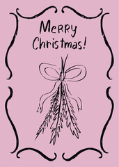 Minimalist Christmas dusty pink card with a festive bouquet with a large bow.