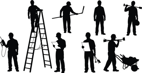 Obraz premium Collection of black construction worker silhouettes featuring men climbing ladders, holding blueprints, carrying tools, and pushing wheelbarrows isolated on white background for industrial design.