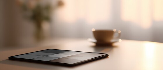 remote work video grid displayed on a tablet in tidy home office, close-up shot, pastel tones, advertising mood, golden hour tone, clean background for typography, brand-safe, no logos