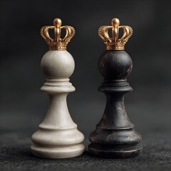 Two regal chess king pieces one white and one black stand side by side