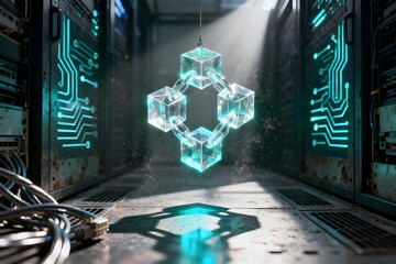 Blockchain network symbol with glowing interconnected cubes suspended in a secure, futuristic data center.
