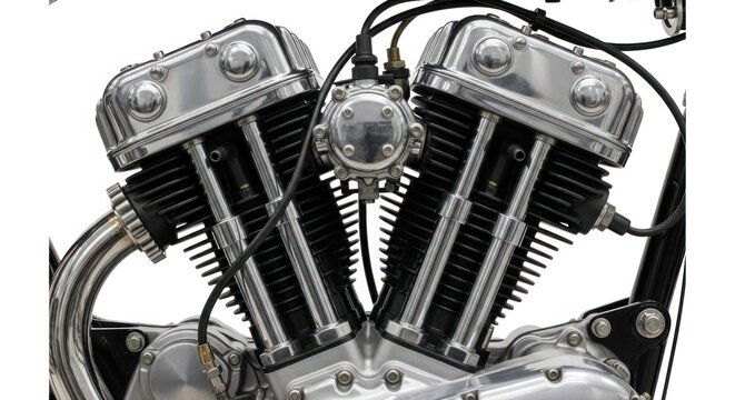 Close-up of a shiny, chrome V-twin motorcycle engine against a white background - Powered by Adobe