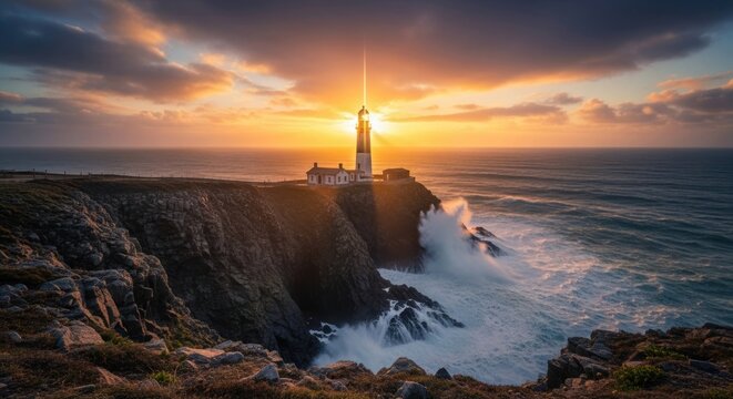 Cliffside lighthouse with sunset beams and crashing waves