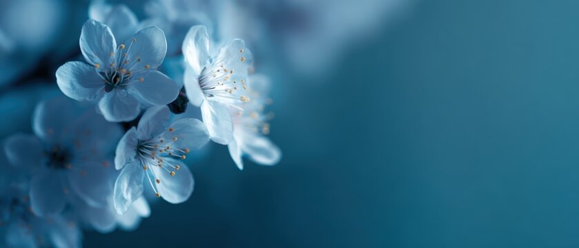 spring blossoms in vibrant composition for seasonal ad, close-up shot, cool futuristic blues, advertising mood, controlled studio lighting, minimal composition, brand-safe, no logos