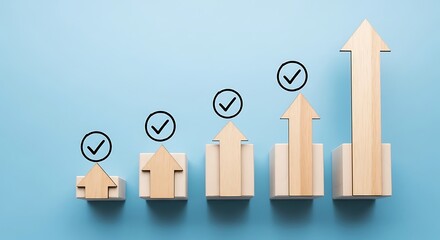 Wooden arrows on blue background showing business growth and success