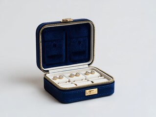 Navy blue velvet jewelry box, open, holding earrings and rings