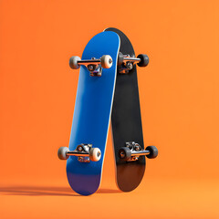 Two skateboards leaning together against a vibrant orange background