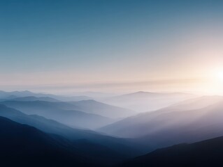 mountain landscape with sunrise and misty valleys, wide angle, cool futuristic blues, advertising mood, golden hour tone, ample space for text, ideal for commercial use