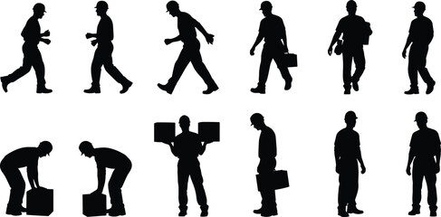 Isolated collection of black vector silhouettes showing construction workers and builders wearing hard hats performing manual labor tasks like walking lifting and carrying heavy boxes.