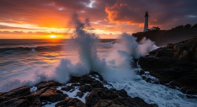Coastal sunset with crashing waves and lighthouse on rocky cliff