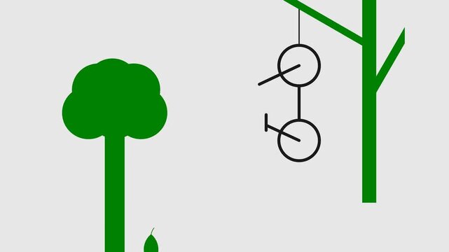 A fun concept motion graphic video with a tree that has an animated falling leaf and a cycle bike hanging from a dead branch of another tree