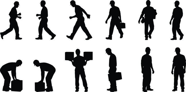 Isolated collection of black vector silhouettes showing construction workers and builders wearing hard hats performing manual labor tasks like walking lifting and carrying heavy boxes.
