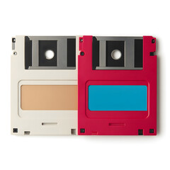 Two vintage floppy disks one white and one red with blue label