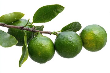 Fresh limes on a branch with leaves, isolated on white
