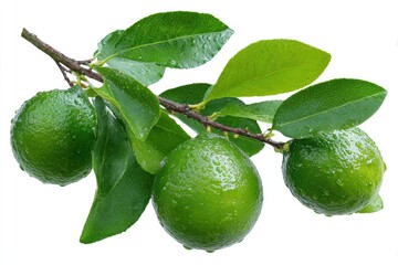 Fresh limes on a branch with leaves, wet with water droplets