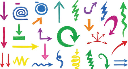 Collection of hand drawn arrows in various shapes and colors on white