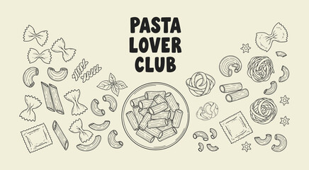 Hand drawn pasta lover club design with delicious italian food elements subtle texture
