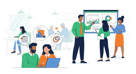 business team collaborating on data analysis and strategic planning