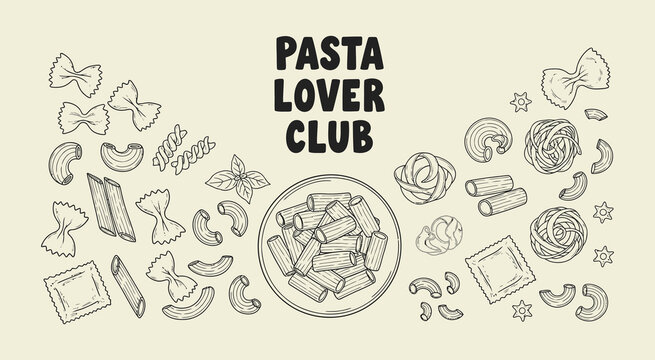 Hand drawn pasta lover club design with delicious italian food elements subtle texture