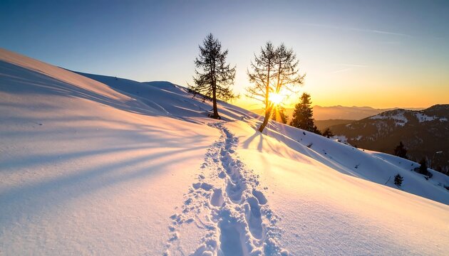 Winter landscape with sun setting behind trees on a snowy hillside. Footprints mark a path upward, shadows lengthen