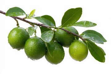 Fresh limes on a branch, glistening with water droplets