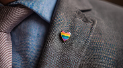 Workplace inclusion and diversity shown by professional wearing rainbow heart pin on suit
