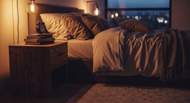 Cozy bedroom scene with warm lighting, books, and city view