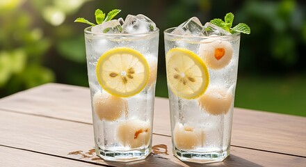 Refreshing Lychee and Lemonade Drinks with Ice and Mint.