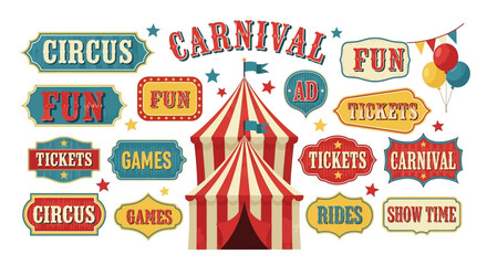 Vibrant Vintage Circus and Carnival Fairground Elements Collection for Festive Event Design and Amusement Themes