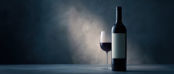 luxury wine bottle with glass and moody lighting, close-up shot, pastel tones, advertising mood, controlled studio lighting, clean background for typography, ideal for commercial use