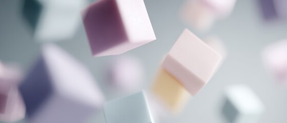 geometric 3D shapes floating in controlled depth field, close-up shot, pastel tones, premium look, controlled studio lighting, clean background for typography, generic props only