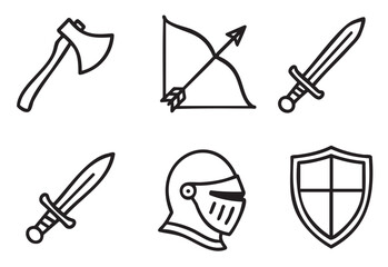 Set of six medieval knight icons including a sword, shield, helmet, axe, and bow with arrow, illustrated in a simple black and white line art doodle style
