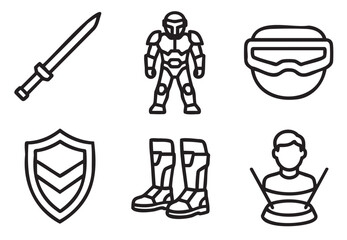 Set of black line icons for a video game or science fiction theme, including a futuristic soldier, sword, shield, boots, visor, and a player avatar