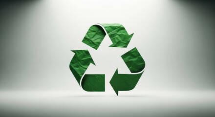 Crumpled green paper recycling symbol on white backdrop, softly lit