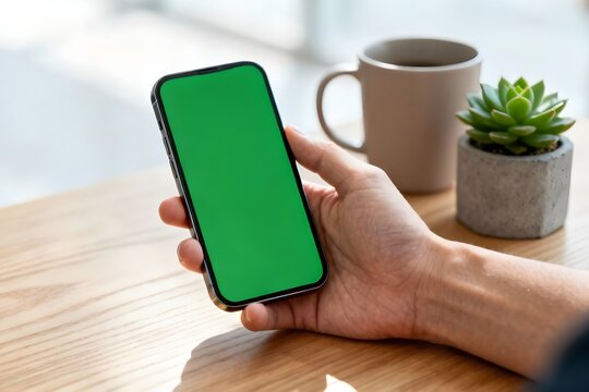 Close-up of a hand holding a modern smartphone with a blank green screen display, perfect for app or website mockups.