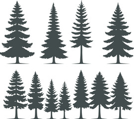 Collection of various stylized evergreen tree silhouettes in dark green or black, showing different shapes and sizes of pine or fir trees, perfect for nature design elements
