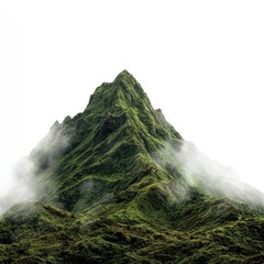 Lush, verdant mountain peak emerging from a mist