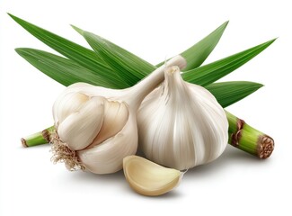 Two whole heads of garlic and a clove, nestled amongst vibrant green leaves